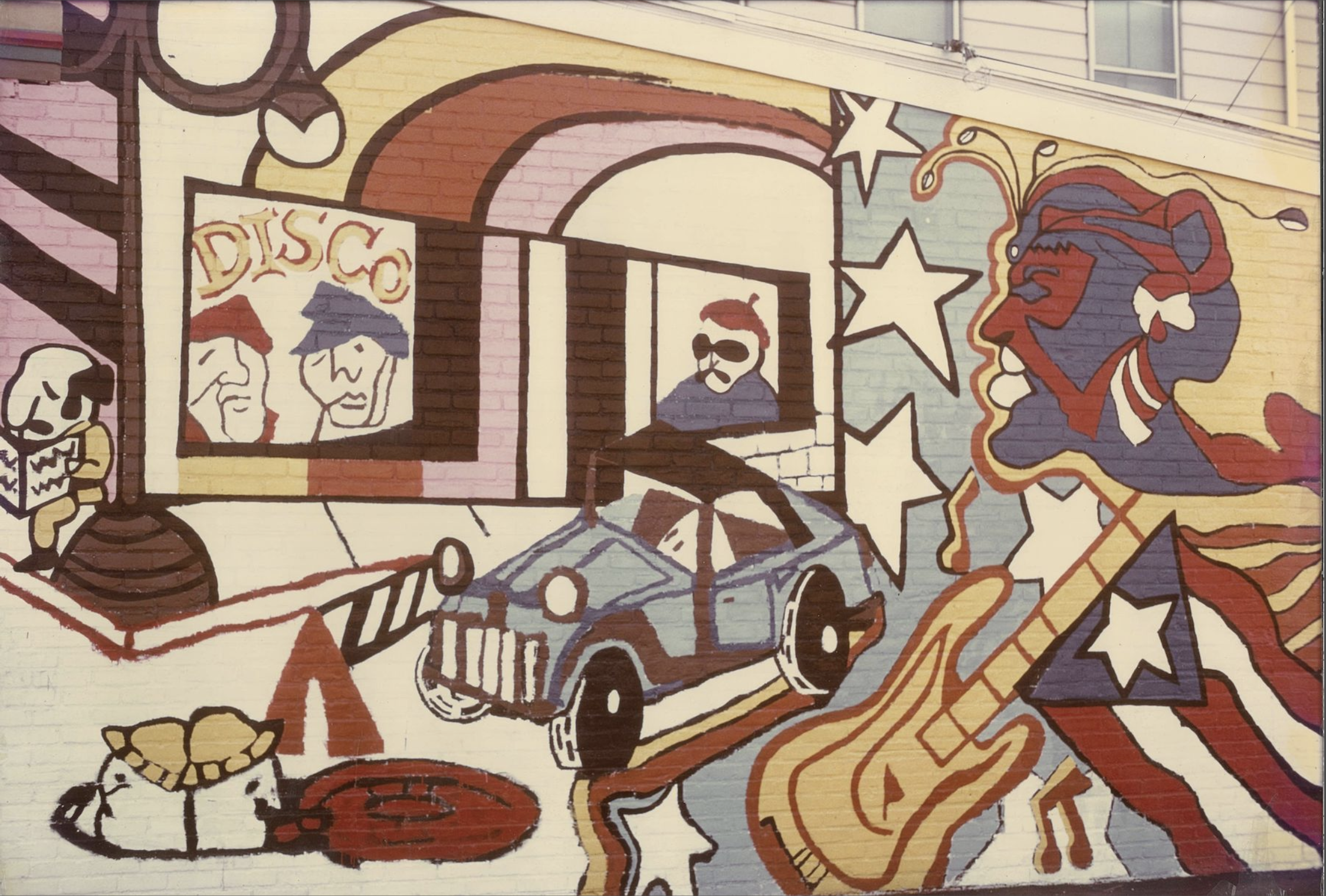 A beige, red, blue, and brown mural of several people in the city.